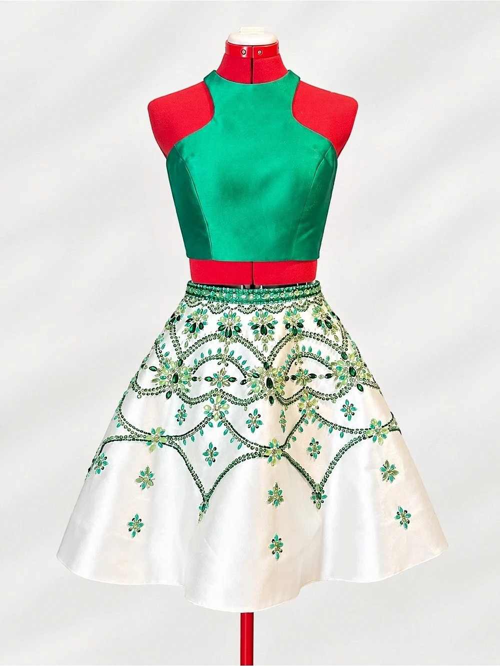 Rachel Allan 2 Piece Green Satin Crop Top Beaded Skirt Prom Dress Set Size 2